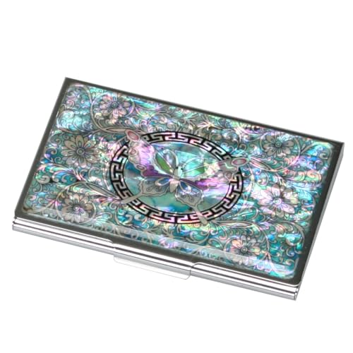 RFID Blocking Mother of Pearl Business Card Holder Slim Stainless Steel Name Card Wallet for Men and Women with Gift Box Butterfly Blue