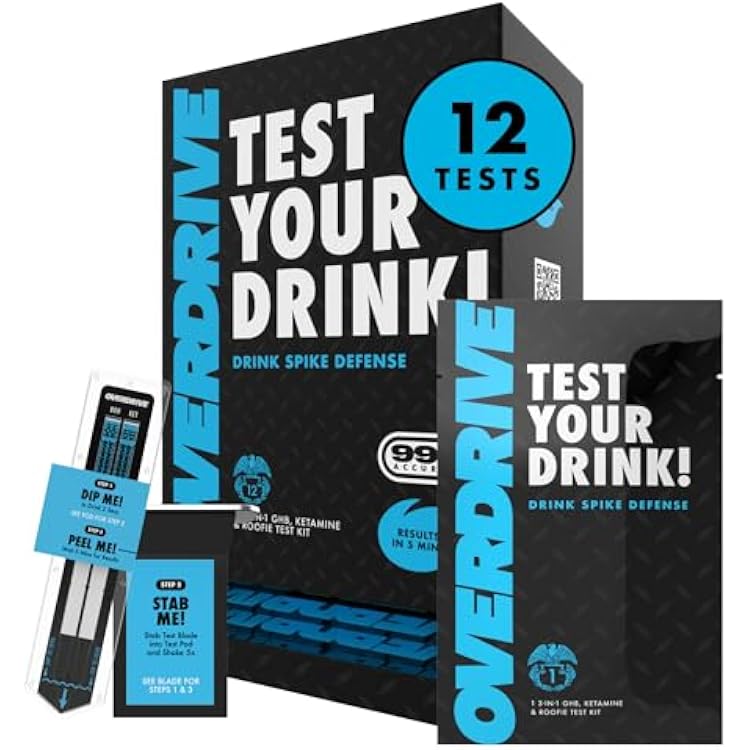 Drink Spiking Test Kit 2.0 Overdrive Defense 12 Pack 99% Accuracy Beverage Safety Test Fast Results in 5 Minutes Easy to Use, Portable Protection Tool, Bar Essential