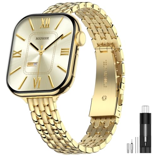 MioHHR Slim Metal Bands Compatible with Apple Watch Bands for Women 49mm 46mm 45mm 44mm 42mm Series 321, Stainless Steel Strap Bands for iWatch Series 11 10 9 8 7 6 5 4 3 2 1 SE321 Ultra 321, Gold
