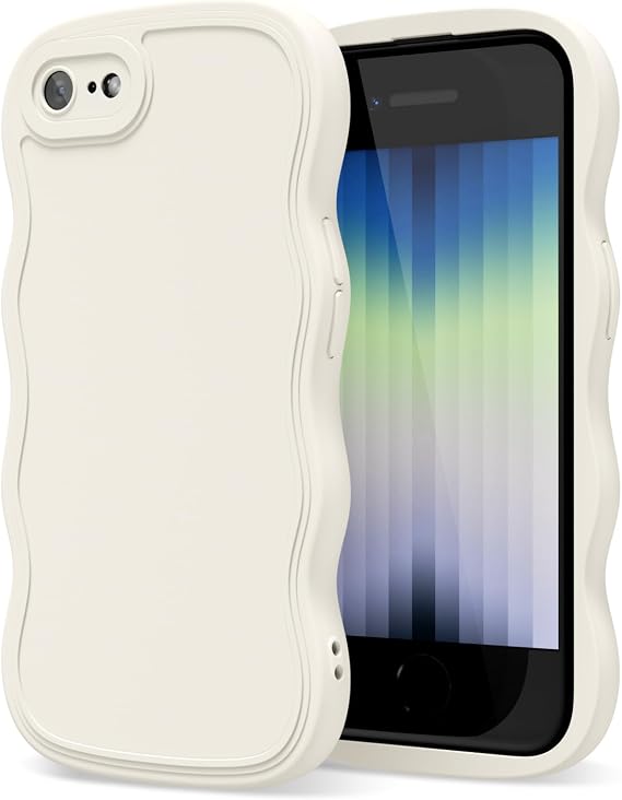 oakxco Silicone Case for iPhone SE Case 2nd 3rd Generation Wavy Edge, Cute Curly Wave Frame Ripple Design Girly Phone Case for Women, Y2k Aesthetic Soft Rubber & Camera Cover Protection, Beige White