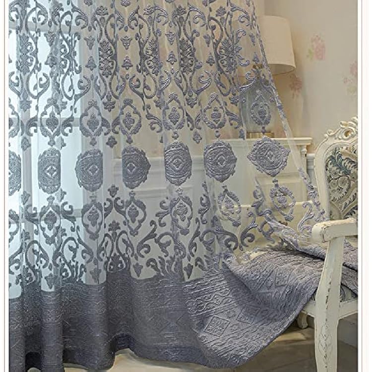 Amidoudou 1 Pair Luxury European Sheer Curtains Hollow Embroidered Tulle Curtains for Bedroom Living Room Gray,54x90 Inch