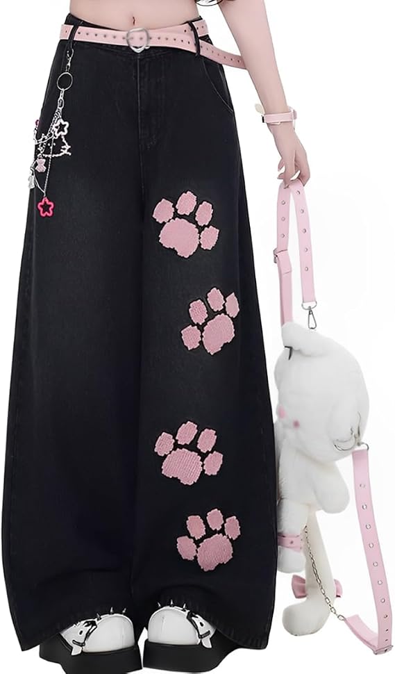 Kawaii Fashion High Waisted Wide Leg Jeans Y2K Casual Harajuku Cute Cat's Claw Patchwork Pants for Women