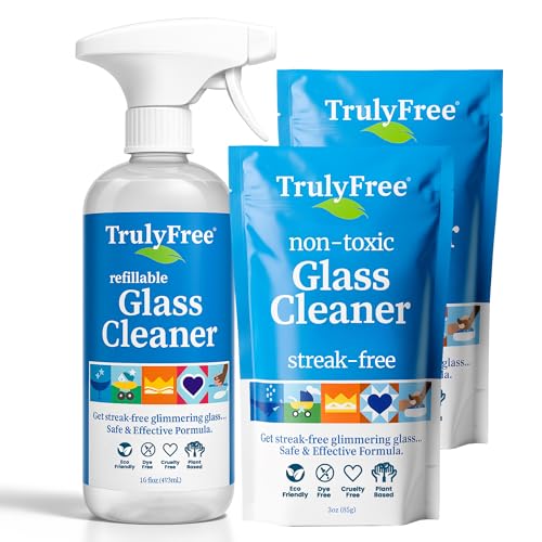 Truly Free Natural Glass Cleaner - Removes Dirt & Debris for Sparkling Clean Windows & Glass Surfaces at Home, Office & Garage, Includes: 1 Refillable Empty Bottle 16oz & 2 Refills 3oz ea