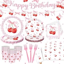 Cherry Birthday Decorations - Cherry Party Decorations Serves 24 Includes Cherry Paper Plates, Napkins, Cups, Forks, Tablecloth, Banner, for Baby Shower Cherry Themed Party Decorations