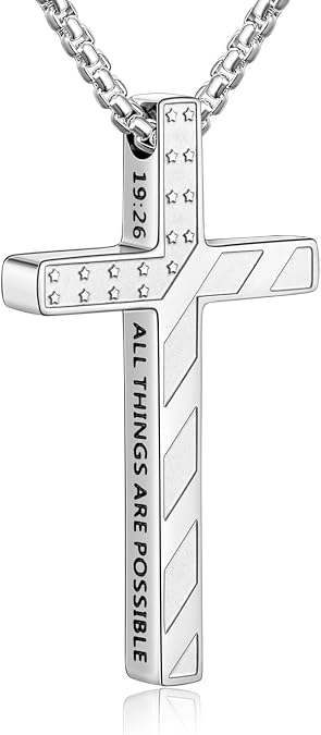 Fiusem Cross Necklace for Men, Stainless Steel Cross Pendant, Faith Gift | American Flag Design with Inspirational Bible Verse, Christian Religious Jewelry Chain Necklace for Men,18-24 Inch