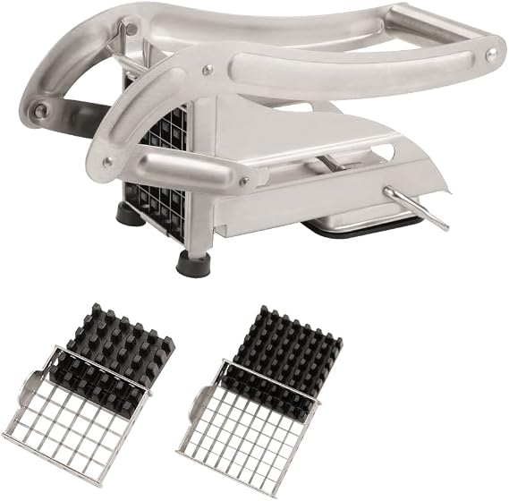 French Fry Cutter Potato Slicer, Sweet Potato Slicer French Fries, Stainless Steel Vegetable and Potato Cutter Includes 2 Blade Size Cutter Options and No-slip Suction Base