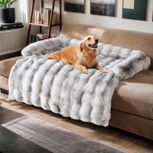 LiveGo Fuzzy Pet Couch Covers for Sofa, Dog Couch Cover Fuzzy Sofa Cover Cream Square Plaid Dog Bed Plush Dog Mat for Furniture Protector for Large Medium Dogs and Cats
