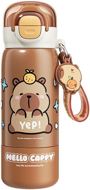 Capybala Stainless Steel Water Bottle, White and Brown, 316L Steel, 380ml Capacity, Cartoon Bear Design, Insulated Travel Tumbler with Carry Strap (brown)