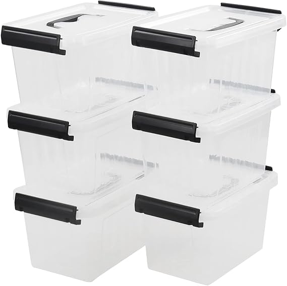 Set of 6 Small Storage Boxes, Plastic Storage Bin, 3 L, Clear | Stackable Storage Bins with Lids/Handles, Compact Organizers for Pantry, Bathroom, Office