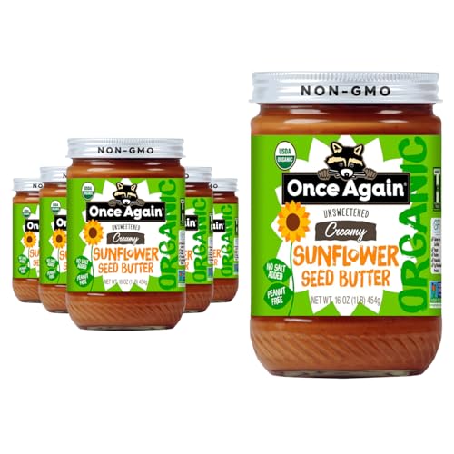Once Again Organic Sunflower Butter, Unsweetened, No Salt & No Sugar Added - Creamy Sunflower Seed Butter, Dairy and Nut Free Spread - Vegan, Non-GMO, Gluten Free 6-Pack, 16 oz Glass Jars
