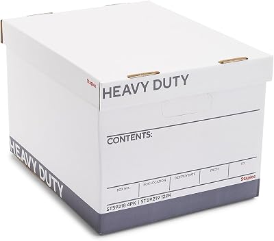 STAPLES Storage & Filing Box, Heavy-Duty with Handles & Removable Lid, Letter & Legal Size Documents, Stackable, 4-Pack, WhiteGray