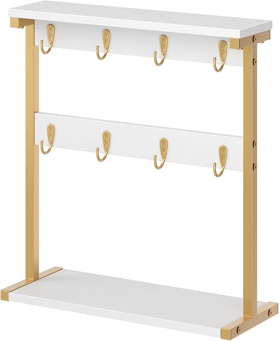 YATINEY Coffee Mug Holder for Counter, 2 Tier Mug Tree Rack, with 8 Hook and 2 Open Shelves, Vintage Mug Holder Stand for Home Kitchen, White and Gold MH43DW