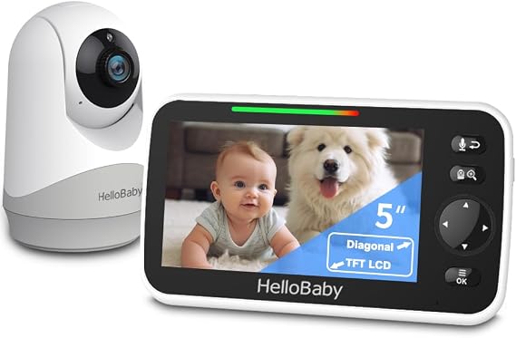 HelloBaby No WiFi Video Baby Monitor with Camera and Audio, 5" Screen | 3500mAh Battery, ECO Mode, Night Vision, 2-Way Talk, Remote Pan-Tilt-Zoom Camera, Temperature Monitoring, 8 Lullabies