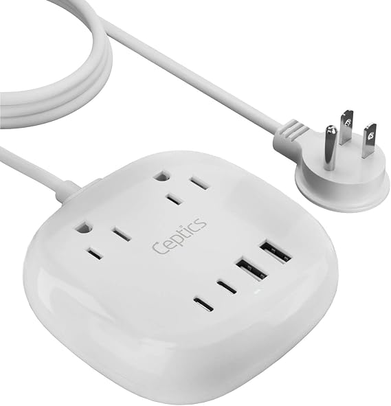 Ceptics USB Power Strip - Small & Compact - Grounded USB-A + USB-C w/Surge Protection - 21W Output, Charging Hub Station, 5 Ft Cord