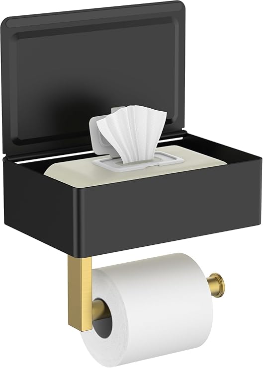 FORIOUS Toilet Paper Holder with Shelf, SUS304 Stainless Steel Wall Mount Toilet Paper Roll Holder, Flushable Wipes Dispenser Fits for Bathroom Wipe Storage, Bathroom Organizer (Black & Gold)