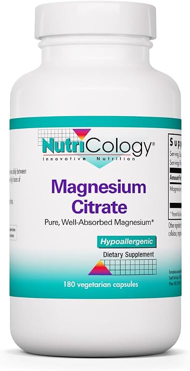 NutriCology Magnesium Citrate, Bioavailable Chelated, 180 Count | Bioavailable Chelated Magnesium in Hypoallergenic Vegetarian Capsules for Nervous System and Muscle Support