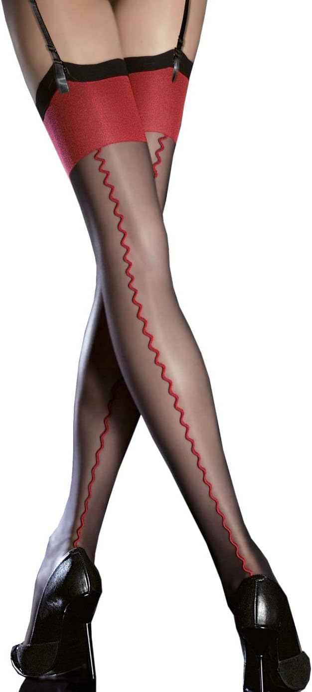 Fiore Patterned Stockings with Backseam and Contrast Red Top 4 - Large