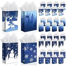 MIMIND 36 Pieces Christmas Snowflake Gift Bags Blue Winter Party Paper Bags with 40 Tissue, 36 Gift Tags and String Xmas Treat Bag with Handle for Christmas Winter Holiday Gift, 4 Design