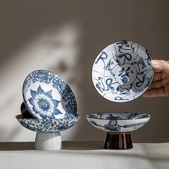 Chinese style cakes Plates High Foot Ceramic Plates Afternoon Tea plate Blue and White Porcelain Chinese pastry plate Retro cake Plates for Festival,Tea Cakes,Chinese Cakes,Fruits,Refreshments.