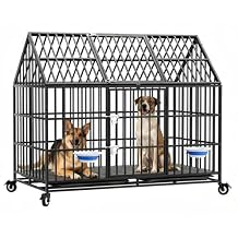 54 inch Indestructible Heavy Duty Dog Crate with 2 Bowls, Escape-Proof Indoor Impact Dog Cage for Large Giant Dogs, High Anxiety Pet Kennel with 2 Trays, 4 Wheels, 4 Locks and Double Door, XL XXL