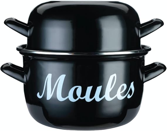 KitchenCraft Mussel Pot, World of Flavours, Enamel Dual-Purposed Lid, Medium 18 cm (6.5''), Black
