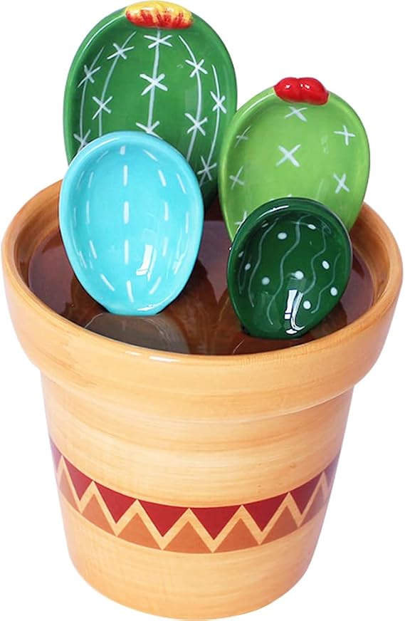 Ceramic Cactus Measuring Spoons with Holder Set of 5 Baking Measuring Spoons for Wet & Dry Ingredients Cactus Figurine Dishwasher Safe Mixed Colors 1 Tbsp 1 TSP 1/2 TSP 1/4 TSP 1 Cup Green