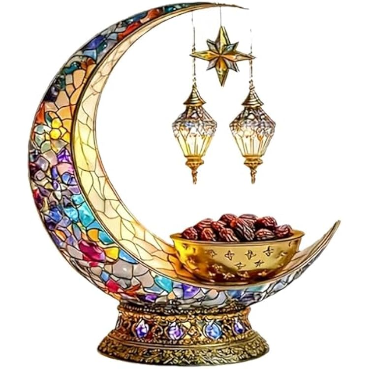 Yanzhenglip Islamic Elegant Crescent Moon & Lantern Desktop Ornament, 2D Moon Crescent Lantern Sign Ornaments for Muslim Islam Ramadan Eid Decorations A, 20cm7.8in
