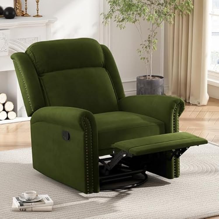 360 Swivel Recliner Chair with Adjustable Backrest, Manual Rocking Recliner Home Theater Manual Recliner Chair with Metal Base and Velvet Fabric for Living Room Green, 2