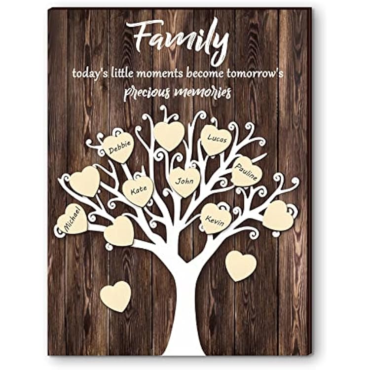 Yookeer 3D Family Tree Wall Decor Mothers Day Gifts Names Sign DIY Family Tree Wooden House Warming Grandparent Gift with 25 Wood Hearts and 30 Hook and Loop Stickers, 15.75 x 11.81 Inches