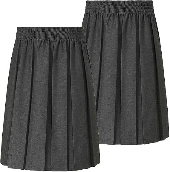 Trutex Basics Girls Grey Pleated School Skirt – (2 Pack) | Box Pleat Stretch Fit Elasticated Waist Girls School Uniform Skirts