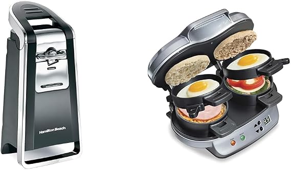 Hamilton Beach (76606ZA) Smooth Touch Electric Automatic Can Opener & Dual Breakfast Sandwich Maker with Timer, Silver (25490A)