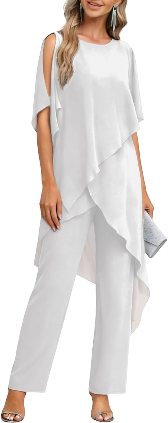 Chiffon Mother of The Bride Pants Suit for Women 2 Pieces Dressy | Grandmother of the Bride Pant Suits,Pant Suits for Women Dressy,Womens Pants Suit,White Pants Suit for Women,Bride Outfits