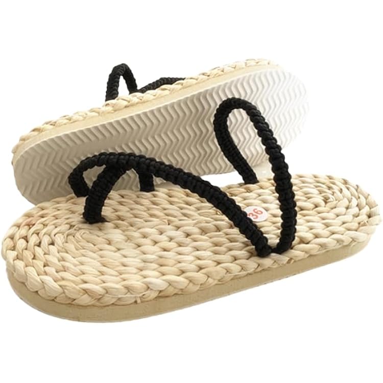 Handmade Straw Sandals Casual Rattan Woven Slipper Massage Shoes Summer Braided Sandals Cosplay Woven Slippers Rubber Soles,Men 8.5 Women 10- EU42