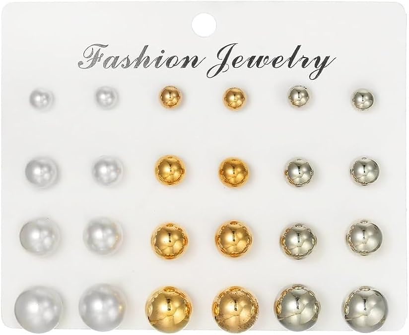 Multi-Color Stud Earrings Set for Women- Several Sizes Colors Rhinestone Faux Pearl Earrings, Daily Wear/Party Jewelry, Hypoallergenic Posts