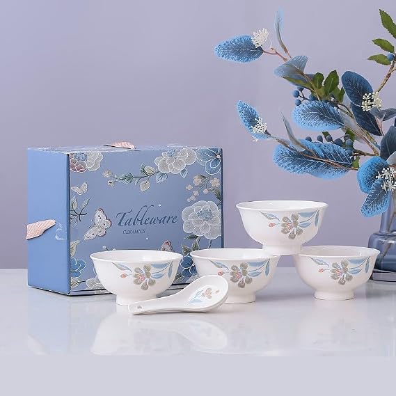 Set of 4 Blue Floral Fine Bone China Bowls &amp; Spoons Gift Set