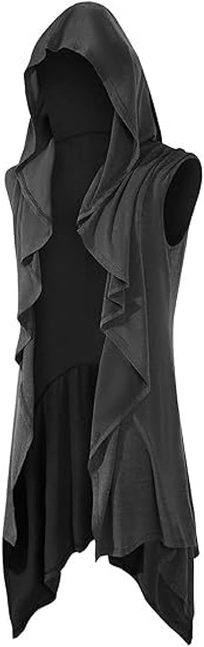 Men's Hooded Cardigan Ruffle Shawl Collar Open Front Lightweight Knit Drape Robe