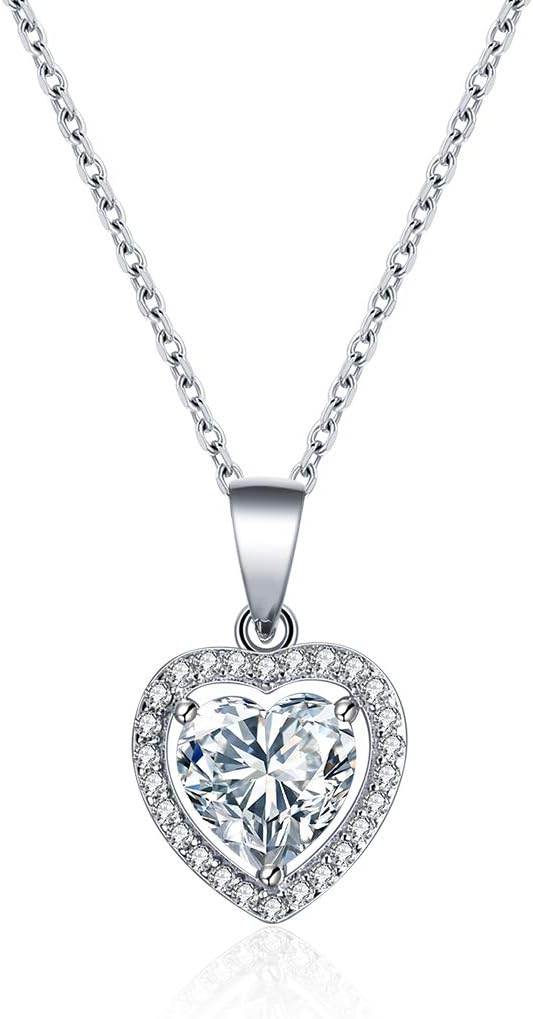 E 925 Sterling Silver Love Heart Pendant Necklaces for Women, Dainty Womens Silver Halo Pendant Necklace with 3A Cubic Zirconia, Birthday Anniversary Jewellery Gifts for Her Wife Mum