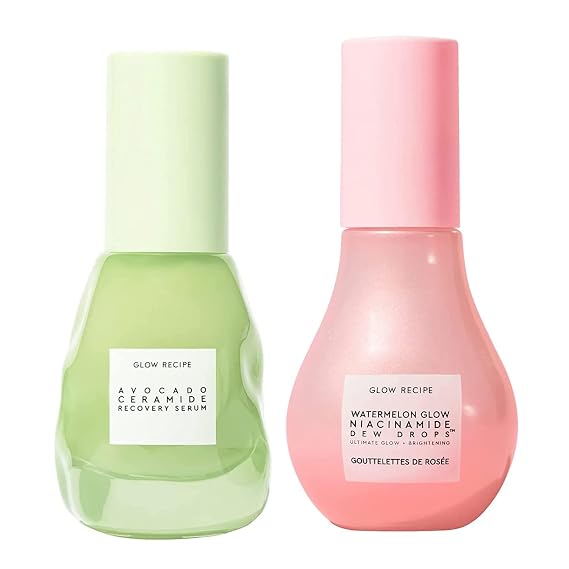 Glow Recipe Brighten + Soothe Duo - Watermelon Glow Niacinamide Dew Drops (40ml) Highlighting Serum + Avocado Ceramide Recovery Serum (30ml) to Reduce Look of Redness, Uneven Tone, and Dark Spots