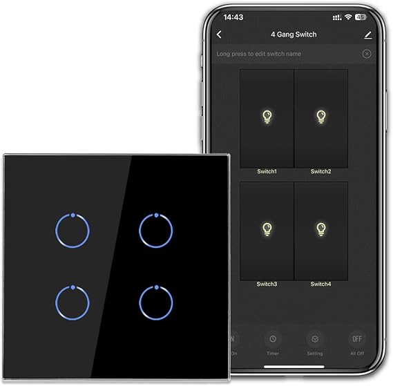 CNBINGO WiFi Smart Light Switch for Alexa, Black Glass Touch Light Switch | Work with Alexa, Google Assistant, Multi-Way Control by Smart Life App, LED Backlight, 4-Gang, Neutral Wire Required