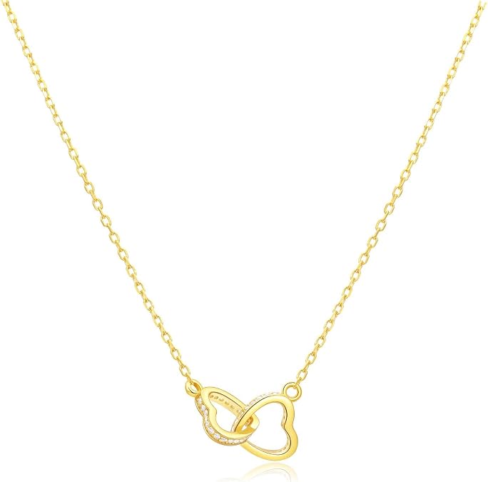 Heart Necklaces for Women Sterling Silver Two Interlocking Heart Necklace Cubic Zirconia Love Open Heart Pendant Dainty Double Heart Choker Crystal Jewelry