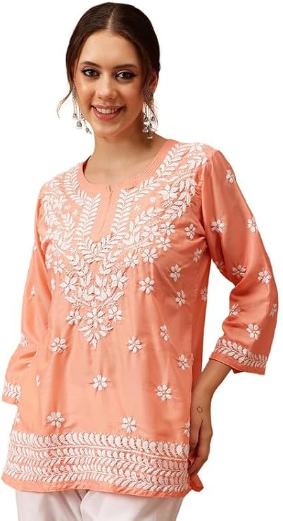Ada Hand Embroidered Chikankari Muslin Short Kurti Top for Women A911420 | Indian Handcrafted Womens Chikan Straight Round neck Kurta Tunic Shirt Blouse Ethnic wear easter dresses Gift for her
