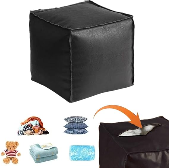 Storage Ottoman, Foot Stool, Lazy Sofa, Leather Stitched Cushion with Zipper, Rest Stool Under Desk, Stuffable Storage Dolls Old Blankets Clothes Pillows (Square Black)