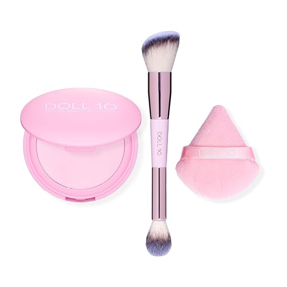 Doll 10 - Pink Power Pressed Setting Powder with Brush & Sponge Brightening Compact Powder Talc Free Blurring Powder for Face Vegan, Clean Beauty Soft Matte Finish 4 Month Supply