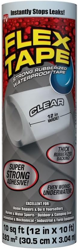 Flex Tape, Original Thick Flexible Rubberized Waterproof Tape - Seal and Patch Leaks, Works Underwater, Indoor Outdoor - Home RV Roof Plumbing and Pool Repairs, Clear, 12 in x 10 ft, Pack of 1