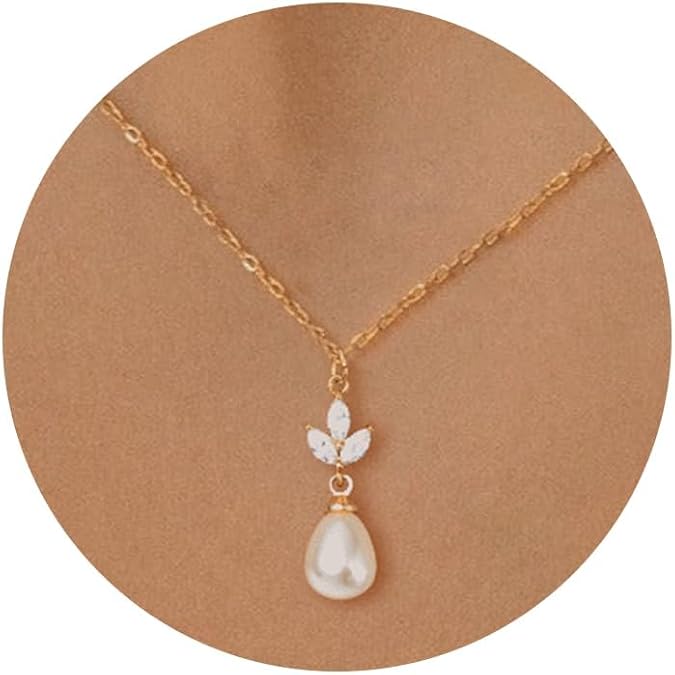 HANLI Gold Pearl Necklace for Women - 14K Gold Plated Dainty Choker CZ Pearl Pendant Nekclaces Womens Layered Bridal Ball Beaded Chain Trendy Jewelry Simple Wedding Necklaces