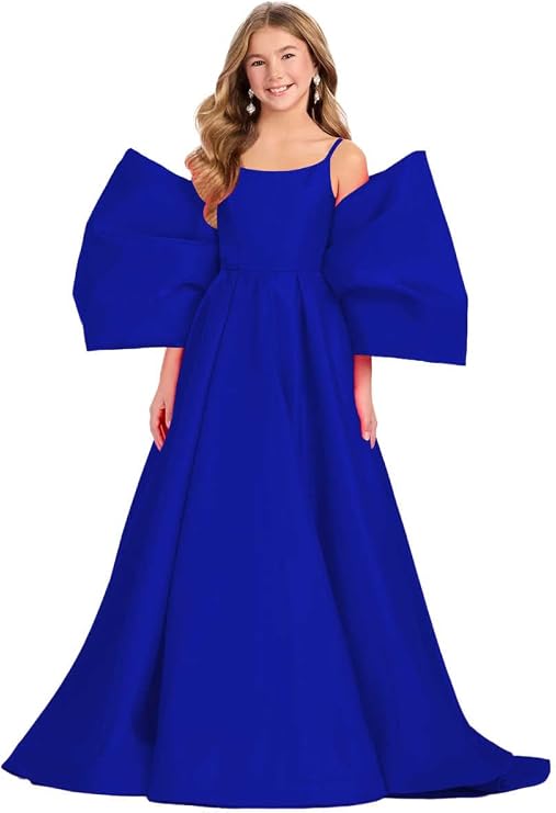 Girls Big Bow Miss National Pageant Dresses Satin Daddy Daughter Dance Princess Kids Flower Girl Dress