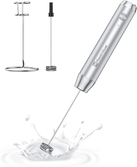 Maestri House LunaFro Rechargeable Milk Frother,Stand & 2 Detachable Whisks | 8000RPM Turbo Motor, 1200mAh lithium battery, Handheld Milk Frother for Lattes, Cappuccino, Matcha & Powdered Supplements