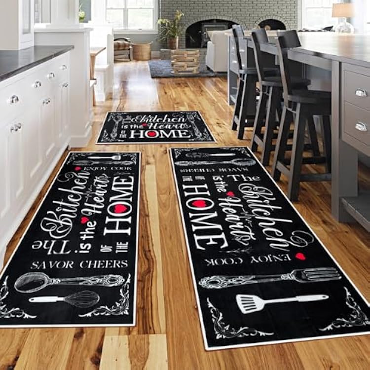Farmhouse Kitchen Rugs 3 Piece Set, Washable Non-Slip Area Rugs and Mats, Rustic Runner Carpets for Kitchen Floors, Laundry Rooms and Hallways Black, 20x3220x4720x59