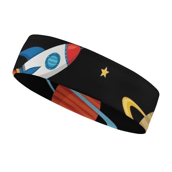 Non Slip Sports Headbands for Women & Men Working Out, Travel (World over The Moon Space Rocket Art)