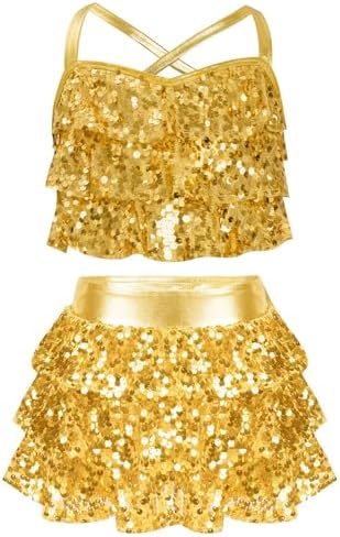 JanJean Kids Girls 2 Piece Jazz Latin Dance Outfit Metallic Halter Crop Top with Skirt Set Ballroom Performance Costume